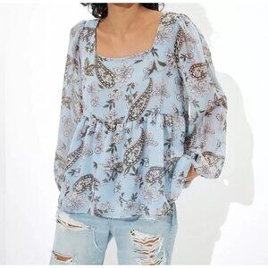 American Eagle  Floral Tie Back Blouse  Light Blue  Paisley Chiffon Size M NWOT